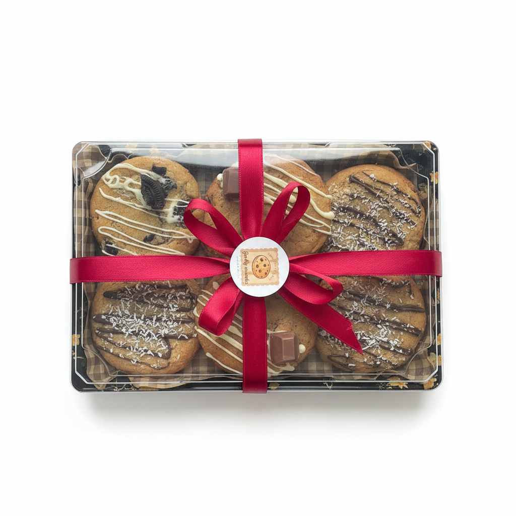 Godly Crumbs Cookie Box 6 stuks – assortiment ambachtelijke koekjes met chocolade drizzle, rode strik, cadeau verpakking Nederland